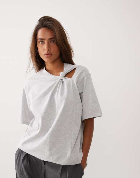 ASOS DESIGN – Kurzärmliges Oversize-T-Shirt in Grau mit Knotendetail - view 1