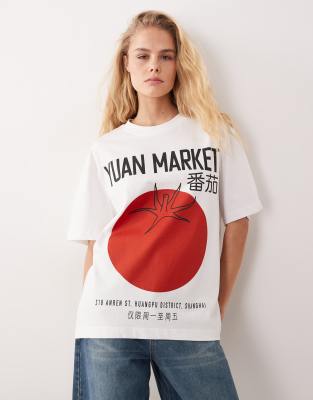 ASOS DESIGN - Kurzärmliges Oversize-T-Shirt in Weiß mit Tomaten-Grafikprint-Bunt