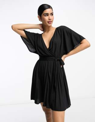 ASOS DESIGN - Kurzärmliges, plissiertes Mini-Wickelkleid mit Bindegürtel-Black