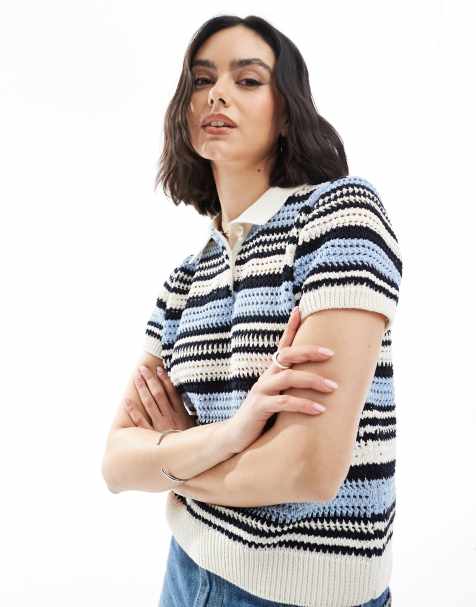 ASOS DESIGN – Kurzärmliges Polo-Oberteil mit blauen Streifen - view 1