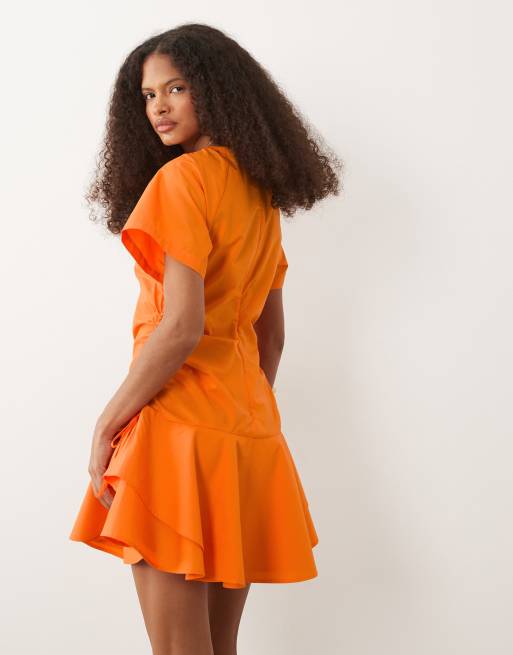 ASOS DESIGN – Kurzärmliges Popeline-Minikleid in Mandarinenorange mit gerafftem Bindedetail an der Taille, 4 von 4