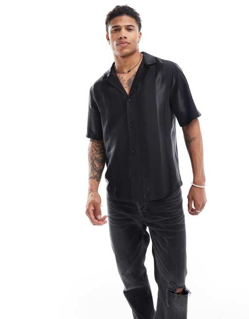 ASOS DESIGN – Kurzärmliges Regular Fit Hemd in Schwarz mit Reverskragen 