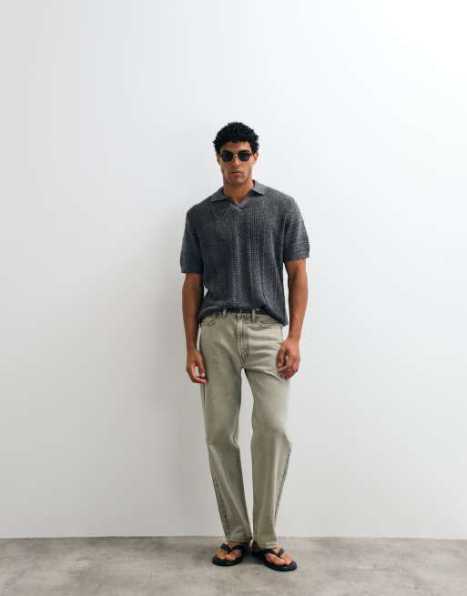 ASOS DESIGN – Kurzärmliges Relaxed-Fit-Polohemd aus Häkelstrick in Anthrazit mit eingekerbtem Ausschnitt , 2 von 5