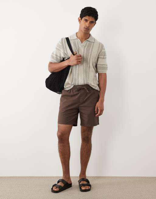 ASOS DESIGN – Kurzärmliges Relaxed-Fit-Polohemd aus Häkelstrick in Beige mit eingekerbtem Ausschnitt, 2 von 5