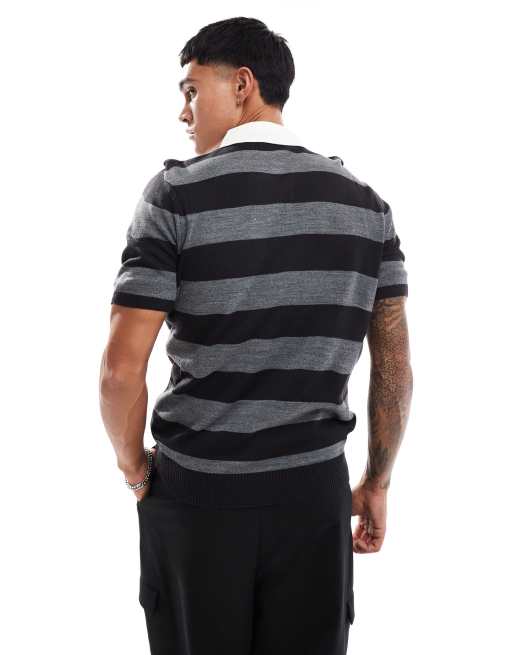 ASOS DESIGN – Kurzärmliges Rugby-Polohemd aus Strick in Grau mit Streifen, 2 von 4