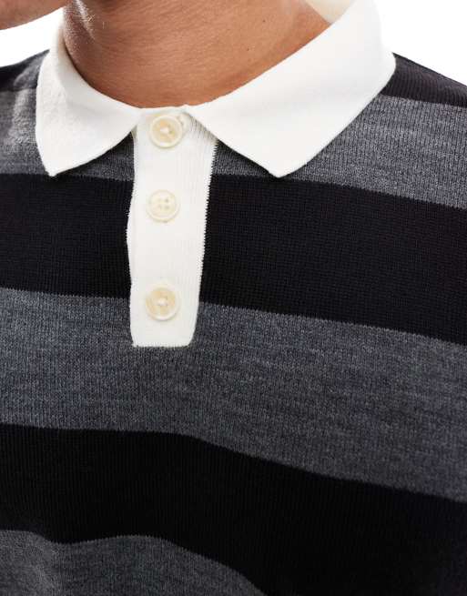 ASOS DESIGN – Kurzärmliges Rugby-Polohemd aus Strick in Grau mit Streifen, 4 von 4