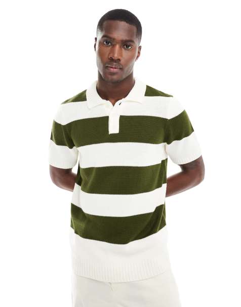 ASOS DESIGN – Kurzärmliges Rugby-Polohemd aus Strick in Khaki mit Streifen - view 1