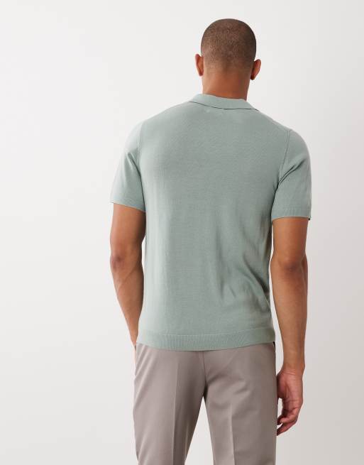 ASOS DESIGN – Kurzärmliges Strick-Polohemd aus reiner Merinowolle in Salbeigrün mit eingekerbtem Ausschnitt, 5 von 5