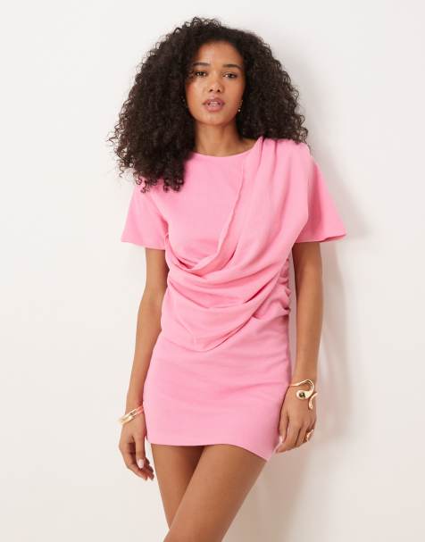 ASOS DESIGN – Kurzärmliges, strukturiertes Minikleid in Rosa mit drapierter Vorderseite - view 1