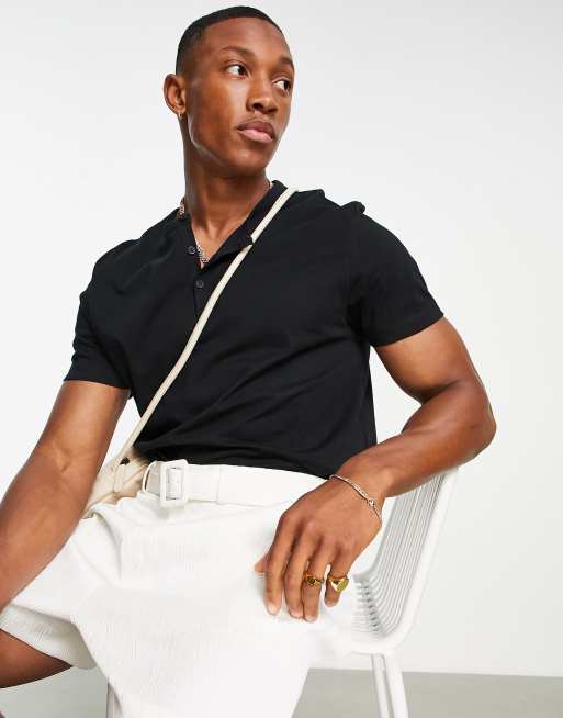 ASOS DESIGN – Kurzärmliges T-Shirt in Schwarz mit Grandad-Kragen, 2 von 4