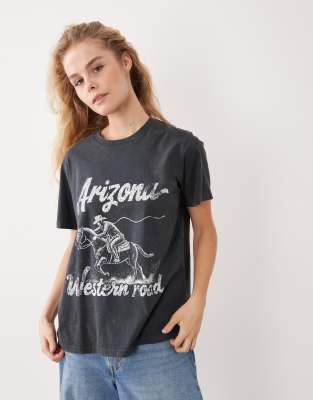 ASOS DESIGN - Kurzärmliges T-Shirt in verwaschenem Anthrazit mit Arizona-Grafik-Grau