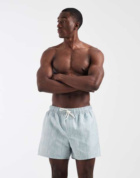 ASOS DESIGN – Kurze Badeshorts in Blau mit abstraktem Streifenmuster - view 1