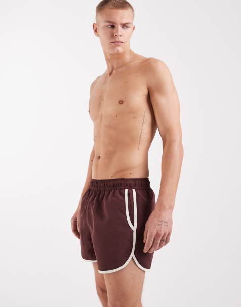 ASOS DESIGN – Kurze Badeshorts in Braun mit kontrastierender Einfassung - view 1