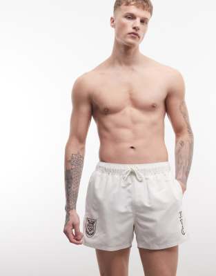 Kurze Badeshorts in Cremeweiß mit Stickerei Weiß XL