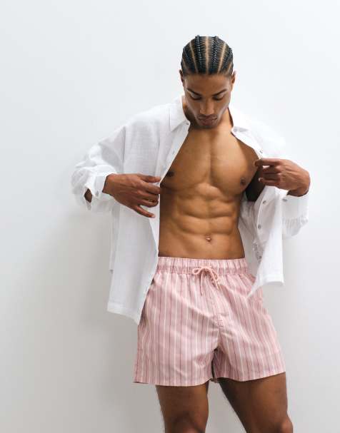 ASOS DESIGN – Kurze Badeshorts in gestreiftem Rosa mit Stickerei - view 1