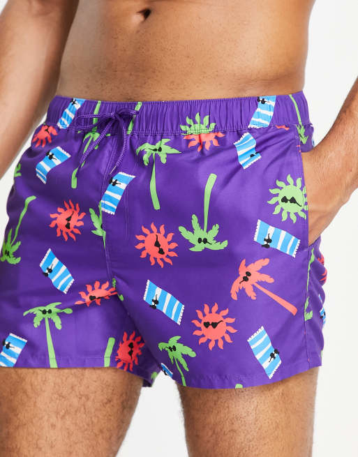 ASOS DESIGN – Kurze Badeshorts in Lila mit Strand-Printmuster, 2 von 4