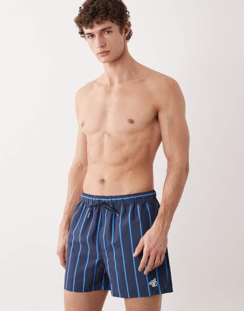 ASOS DESIGN – Kurze Badeshorts in Marineblau mit blauen Streifen und Stickerei - view 1