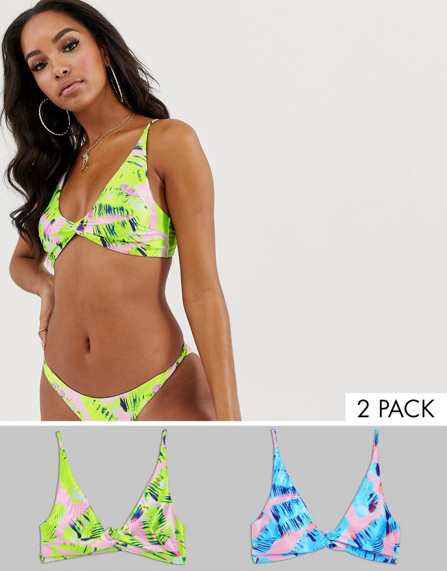 asos design -  – Kurze Bikinioberteile im Multipack mit Knoten vorne in Flieder und mit Blätterprint in Neonrosa-Mehrfarbig