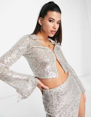 ASOS DESIGN - Kurze Bluse in Austerngrau mit Paillettenbesatz, Kombiteil-Silber