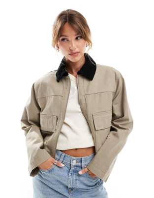 ASOS DESIGN - Kurze Canvas-Jacke in Steinbeige mit Taschen-Neutral