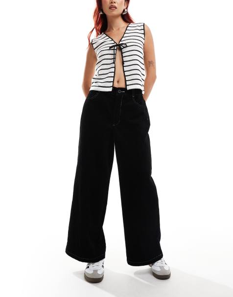 ASOS DESIGN – Kurze Cordhose in Schwarz mit weitem Bein und Kontrastnähten - view 1