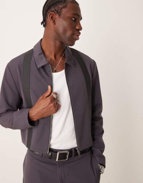 ASOS DESIGN – Kurze, elegante Harrington-Jacke in Anthrazit mit schmalem Schnitt und Kunstlederbesatz, Kombiteil - view 1