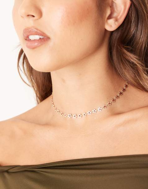 ASOS DESIGN – Kurze Halskette in Gold-Optik mit emaillierten Blumendetails in Burgunderrot - view 1