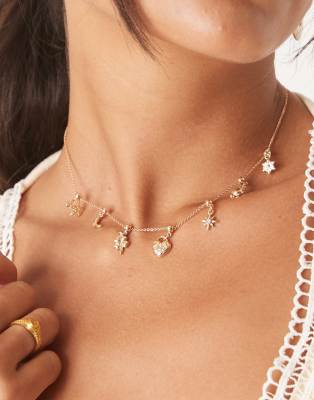 ASOS DESIGN - Kurze Halskette in Goldoptik mit bunten Anhängern-Goldfarben