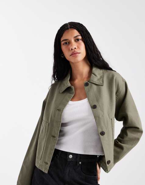 ASOS DESIGN – Kurze Harrington-Jacke aus Baumwolle in Khaki - view 1