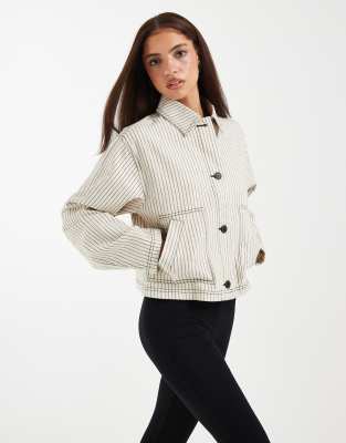 Kurze Harrington-Jacke aus Baumwolle in Schwarz und Weiß gestreift Weiß M