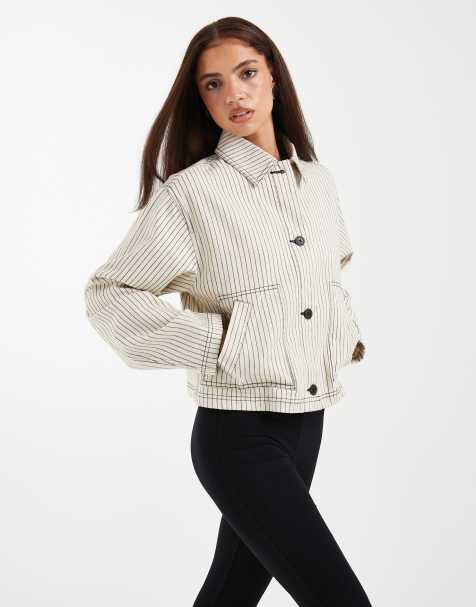 ASOS DESIGN – Kurze Harrington-Jacke aus Baumwolle in Schwarz und Weiß gestreift - view 1