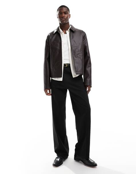 ASOS DESIGN – Kurze Harrington-Jacke aus Kunstleder in Braun mit floraler Prägung - view 1