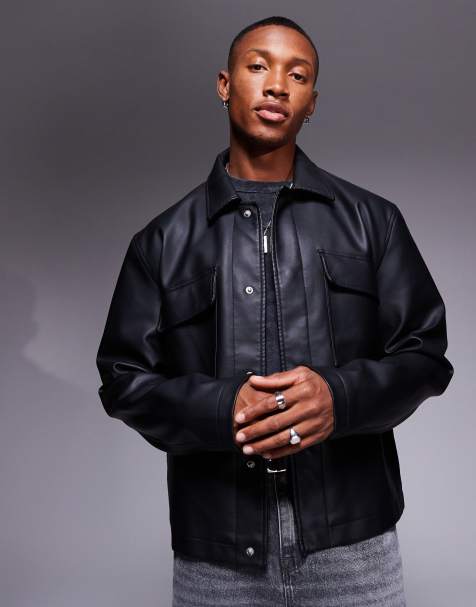 ASOS DESIGN – Kurze Harrington-Jacke aus Kunstleder in Schwarz mit Oversize-Passform und Taschen - view 1