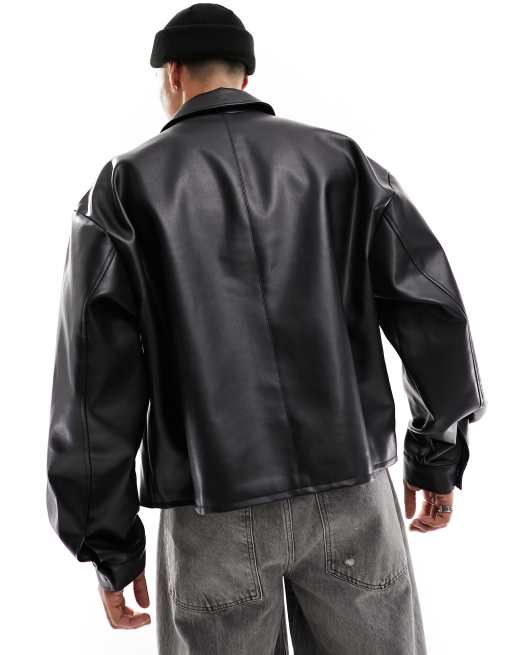 ASOS DESIGN Kurze Oversize Harrington Jacke aus Kunstleder in Schwarz