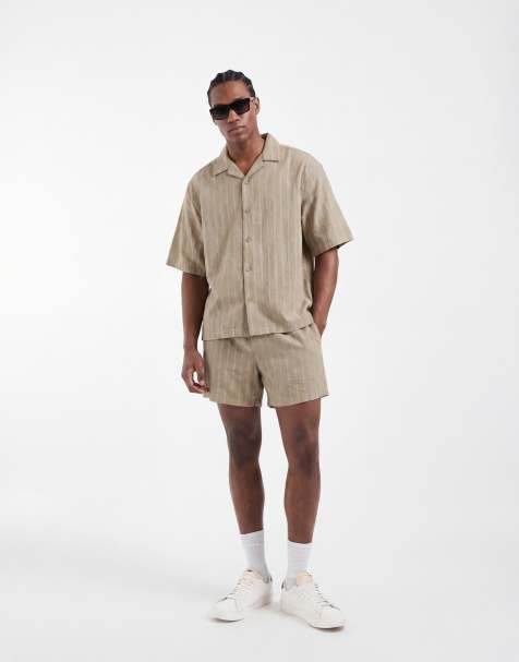 ASOS DESIGN – Kurze Shorts in khakifarbener Leinenoptik mit Streifen, Kombiteil - view 1