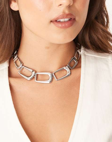 ASOS DESIGN – Kurze, silberfarbene Halskette mit quadratischen Kettengliedern - view 1