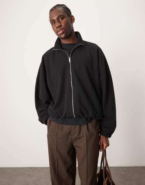 ASOS DESIGN – Kurze Trainingsjacke aus schwerem, gebürstetem Rippstoff in Schwarz mit extremer Oversize-Passform - view 1