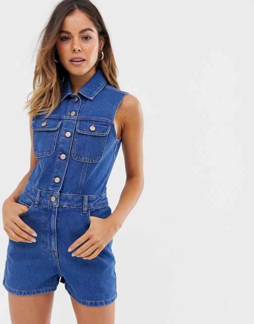 Asos Design Kurzer Armelloser Jeans Jumpsuit Mit Knopfen Asos