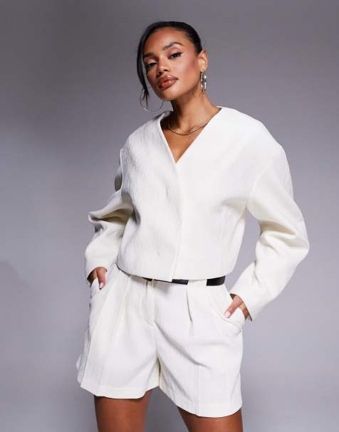 ASOS DESIGN – Kurzer Blazer in Creme mit Strukturmuster, Kombiteil - view 1