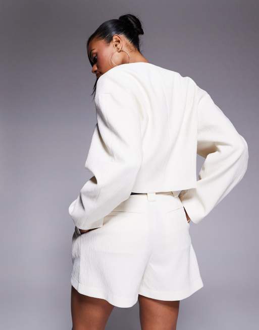 ASOS DESIGN – Kurzer Blazer in Creme mit Strukturmuster, Kombiteil, 2 von 4