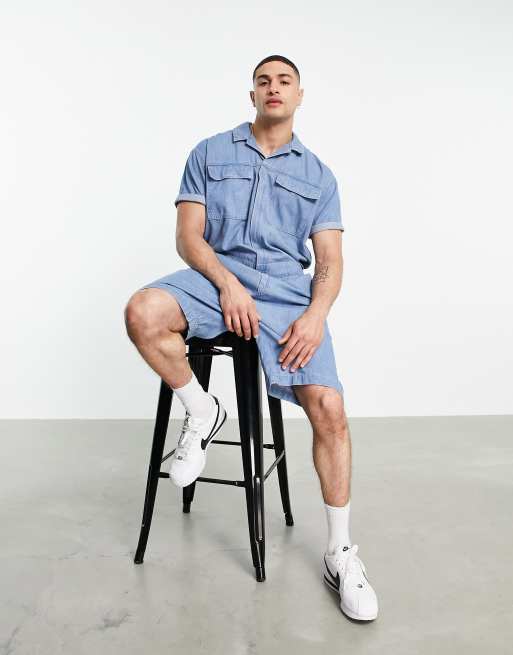 ASOS DESIGN – Kurzer Jeans-Blaumann mit Taschendetails in Blau