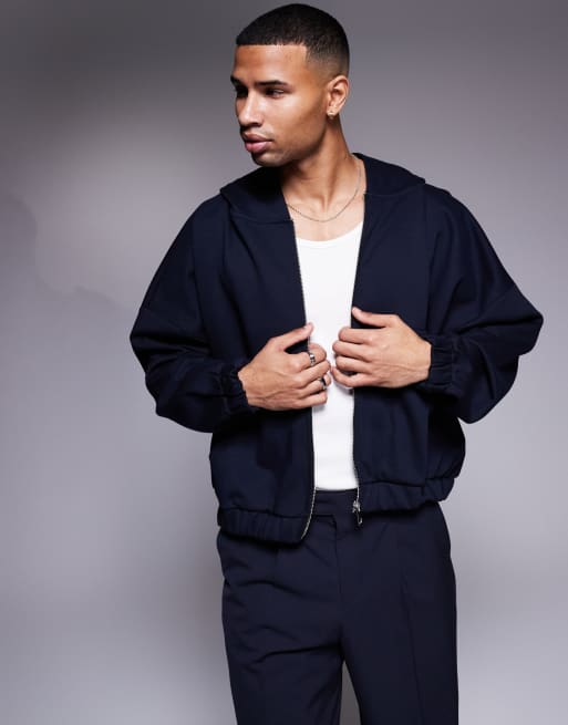 ASOS DESIGN – Kurzer Kapuzenpullover in Neopren-Optik in Marineblau mit extremem Oversize-Schnitt und Reißverschluss