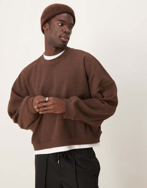 ASOS DESIGN – Kurzer, leichter, extrem weiter Oversize-Pullover aus geripptem, angerautem Material in Braun - view 1