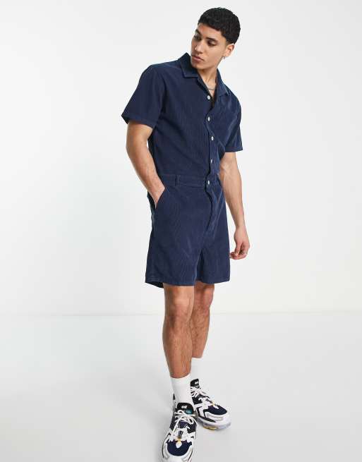 ASOS DESIGN – Kurzer Overall aus Cord in Marineblau 