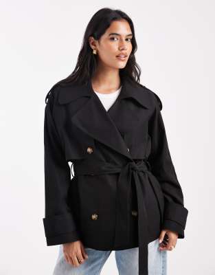 ASOS DESIGN - Kurzer Oversize-Trenchcoat in Schwarz mit Gürtel