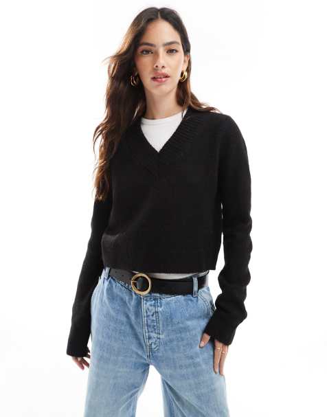 ASOS DESIGN – Kurzer Pullover in Schwarz mit V-Ausschnitt - view 1