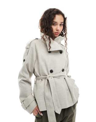 ASOS DESIGN - Kurzer Trenchcoat in Leinenoptik in Steinbeige-Neutral
