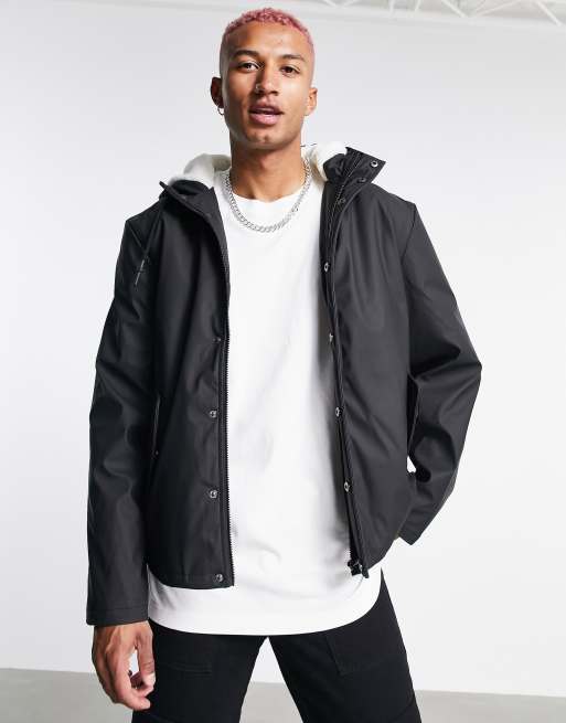 ASOS DESIGN – Kurzer, wasserabweisender Parka in Schwarz mit Teddyfutter