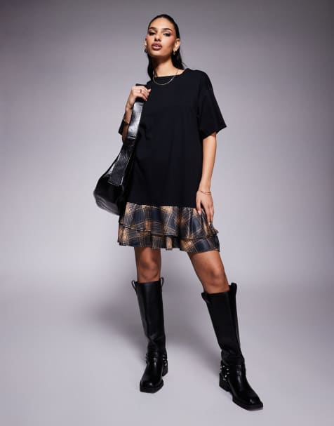 ASOS DESIGN – Kurzes 2-in-1-T-Shirt-Kleid in Schwarz mit Karos - view 1