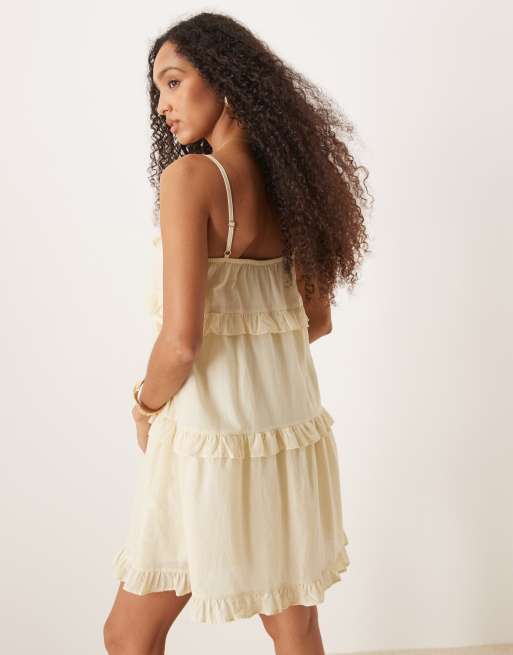 ASOS DESIGN – Kurzes Babydoll-Kleid aus Baumwolle in Ecru mit Besatz, 2 von 4